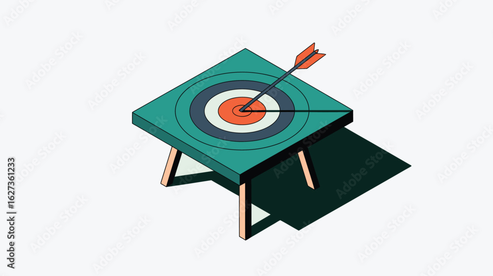 Poster a square target with concentric circles on a small table with an arrow in the center bullseye