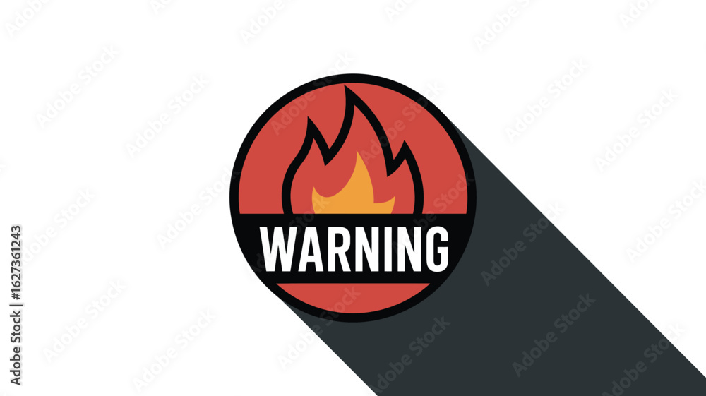 Poster a warning sign featuring a stylized flame inside a red circle with a dark gray shadow effect casted