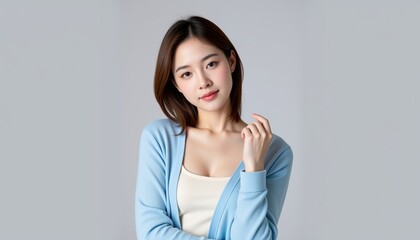 Obraz premium Hyperrealistic Portrait of a Woman with Elegant Casual Attire