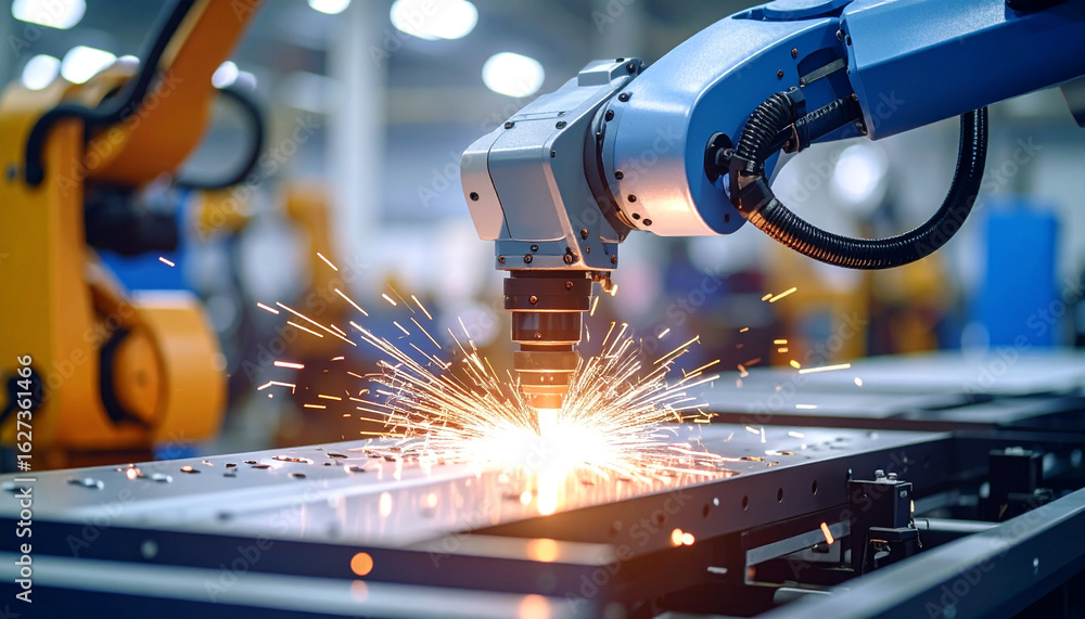 Poster automated precision: a close-up view shows a state-of-the-art robotic arm in action within a modern 