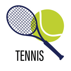 A graphic illustration of a tennis racket and ball, ideal for tennis sports clubs logo, apparel, or tennis-related branding