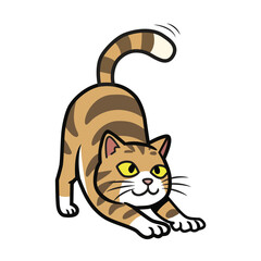 A playful cartoon cat in a stretching pose with a happy expression, ideal for pet-related content and cute, whimsical designs