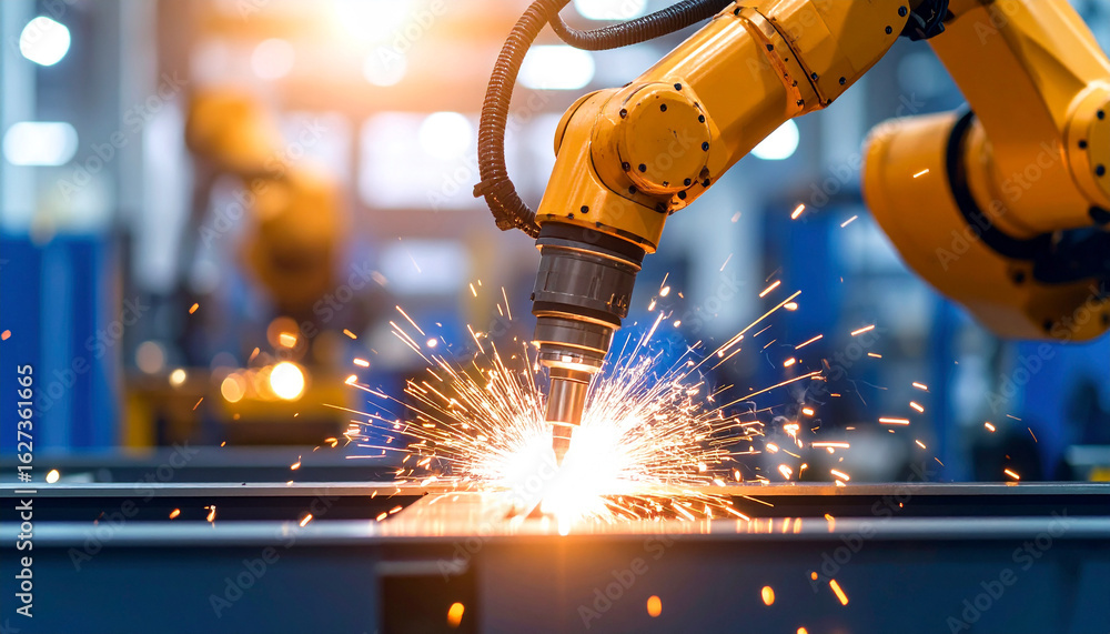 Poster industrial robotics at work: an eye-level shot captures the dynamic action of a robotic arm welding 