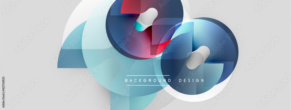 Poster abstract geometric shapes overlap, creating dynamic visual effect. blue, red, white hues dominate co