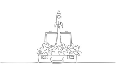 Continuous one line drawing of a rocket launching out of an open briefcase, symbolizing innovation, entrepreneurship, startup energy concept, single line art