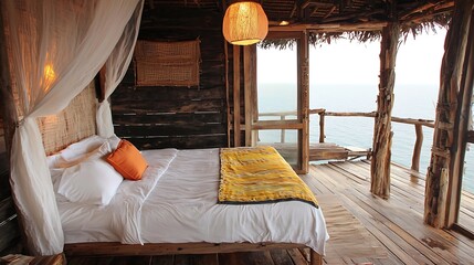 A cozy bed with ocean views