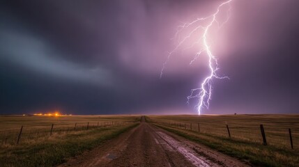 A lightning bolt strikes the ground in a field. The sky is dark and stormy. The lightning bolt is very bright and can be seen from a distance