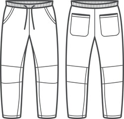 cad drawing flat vector illustration, pants technical sketch, front back view, elastic waistband, drawstring closure, patch pockets, knee seams, cuff detail, fashion template, apparel design