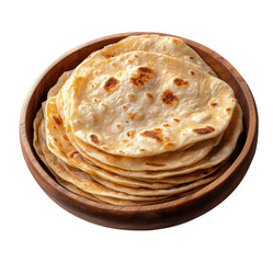 A stack of freshly cooked tortillas served in a rustic wooden bowl on transparent background