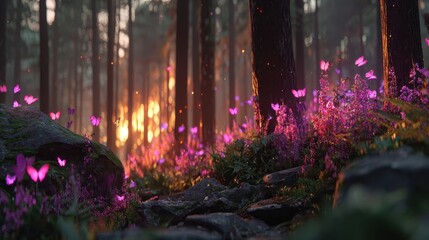 Glowing pink butterflies flutter around purple flowers in a dark forest with a distant fire.
