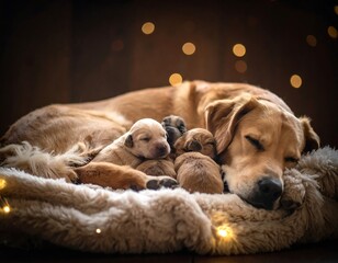 Golden Labrador mother peacefully sleeps surrounded by her newborn puppies nestling close