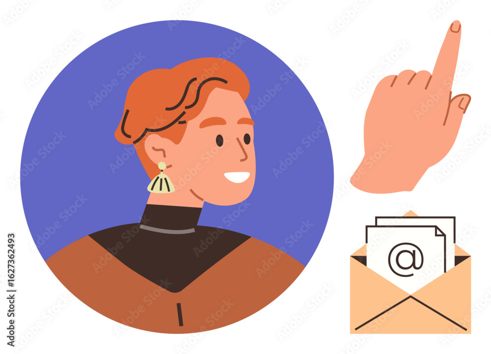 Poster woman smiling in profile, pointing up with index finger, and open envelope with email icon. ideal fo