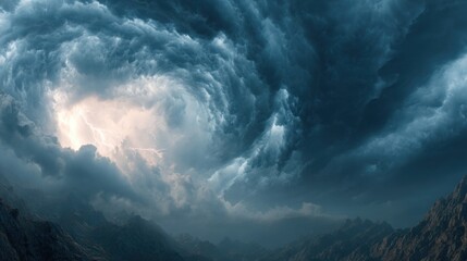 A stormy sky with a large cloud that looks like a tornado. The sky is dark and the clouds are thick and heavy