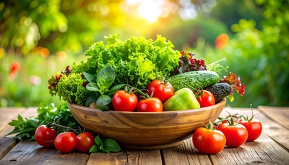 Fresh vegetables in a wooden bowl outdoors