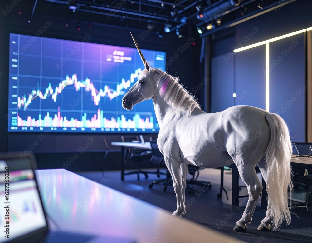 Poster white unicorn standing in a modern office with a large screen displaying stock market data.