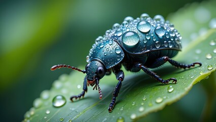 Fototapeta premium A close-up of a shiny blue-green beetle with water droplets on its back, resting on a dew-covered green leaf in a natural setting