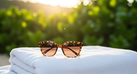 Summer vacation essentials tortoiseshell sunglasses on a folded white towel with natural green background for sunny getaway lifestyle