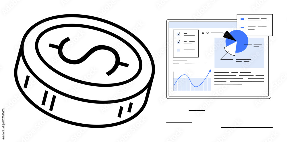Poster dollar coin next to a digital display showcasing charts, graphs, and analytics tools for performance