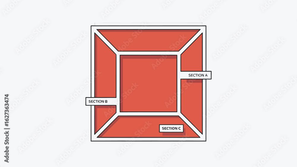 Aufkleber a square diagram with sections a b and c in red with white borders on a white background view from a