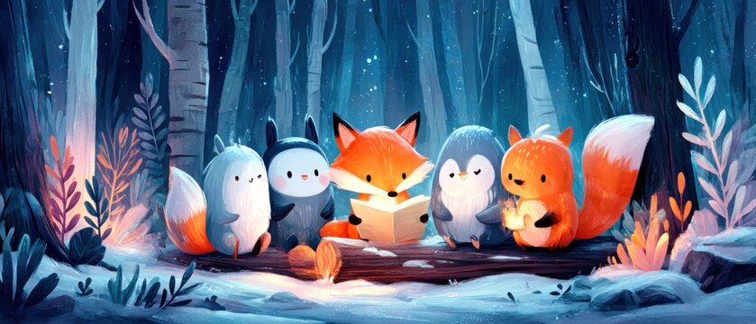 Cute forest animals reading by fire