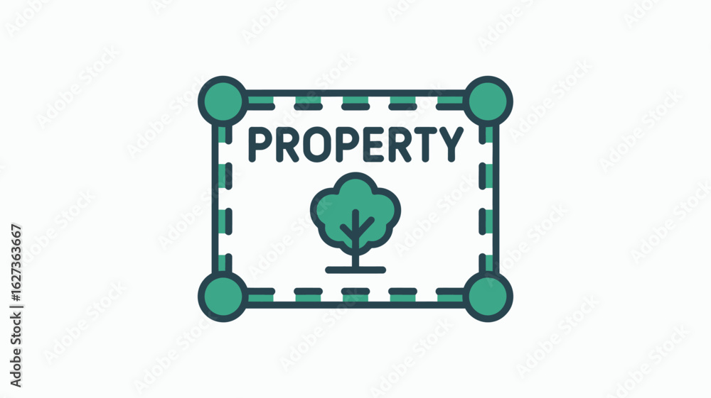 Aufkleber illustration of a property icon with a tree inside a dashed border and the word property on top