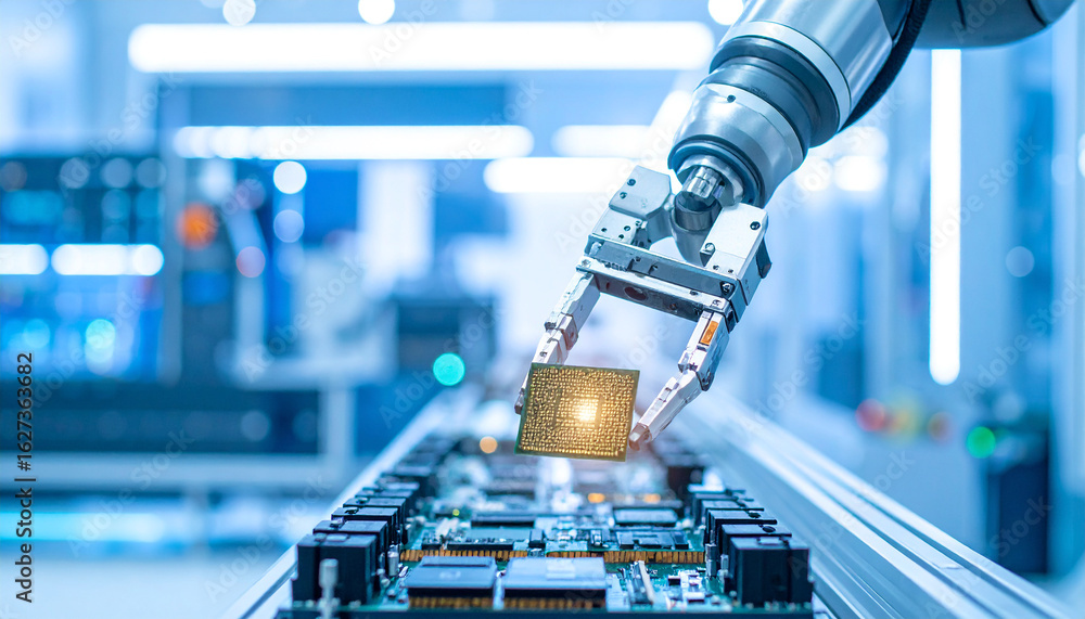 Aufkleber robotic precision: a robotic arm meticulously places a microchip onto a circuit board, representing 