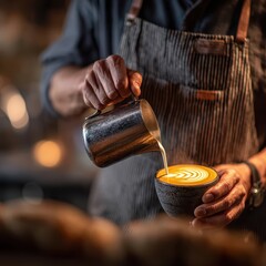Barista pouring milk into latte art, warm lighting, close up view.