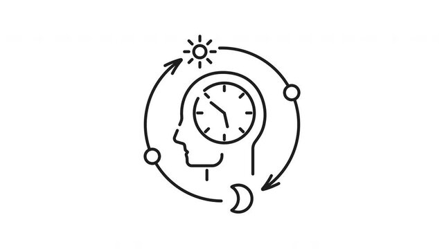 Circadian health line animation. Circadian health line human head integrates clock and daynight cycle symbolizing its influence. Suitable for health and wellness concepts.