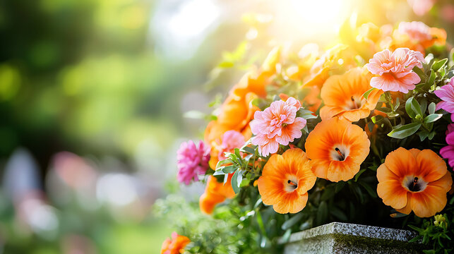Bright and vibrant flowers in cemetery, showcasing orange and pink blooms, symbolize beauty and remembrance in serene setting