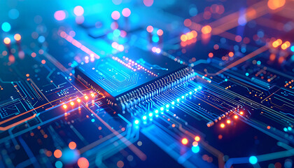 Fototapeta premium Technological Marvel: A close-up shot of a sophisticated computer chip embedded on a motherboard, showcasing intricate circuits and the glow of digital processing.