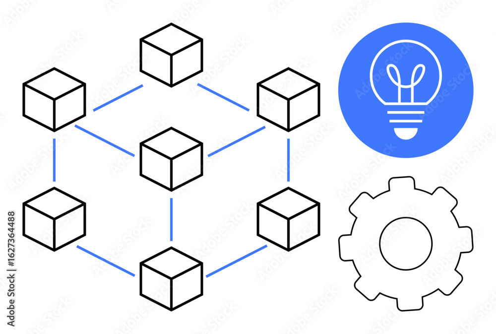 Poster interconnected cubes symbolizing blockchain network, blue lightbulb indicating idea or innovation, a