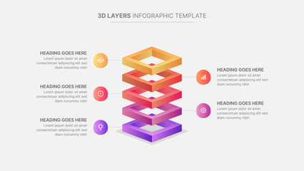 3D Blocks Rings Hierarchy Business Infographic Design Template with 5 Layers