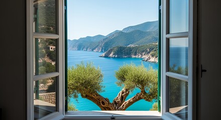 Fototapeta premium Open Window View of Mountainous Coastline with Blue Sea and Green Trees