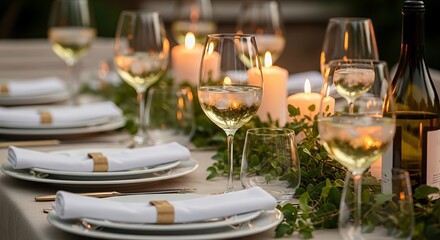 Elegant Dining Table Set with Wine Glasses Candles and Greenery for Romantic Dinner