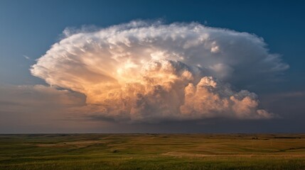 Fototapeta premium A large cloud in the sky with a bright orange sun behind it. The sky is clear and blue