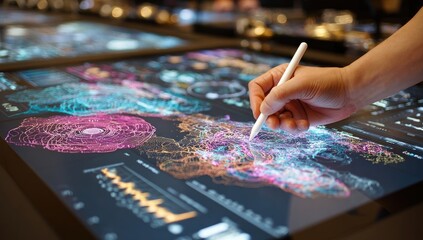 Hand using stylus on interactive data map