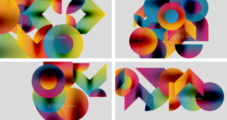 Four vibrant abstract backgrounds. Geometric shapes overlap, creating colorful gradients. Modern design elements present dynamic visual appeal.