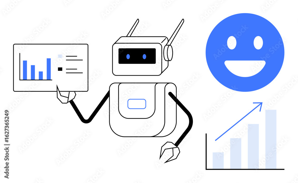 Poster robot holding a data chart with growth graph and smiling face beside it. ideal for ai, analytics, au