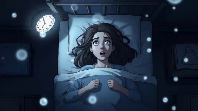 Cartoon woman lying awake in bed struggling with insomnia at night