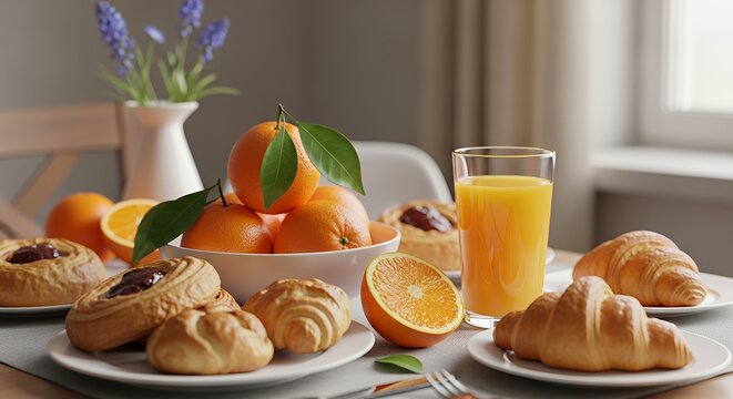 Fresh Orange Fruit Juices Croissants and Pastries on Breakfast Table