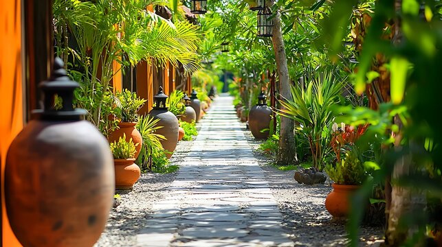 A sun-drenched walkway lined with terracotta pots and lush greenery