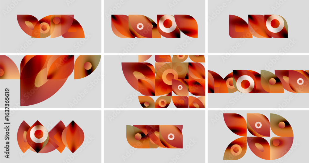 Poster abstract shapes, orange hues dominate. geometric forms overlap, creating dynamic compositions. minim