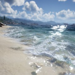 Sunny beach waves lapping shore