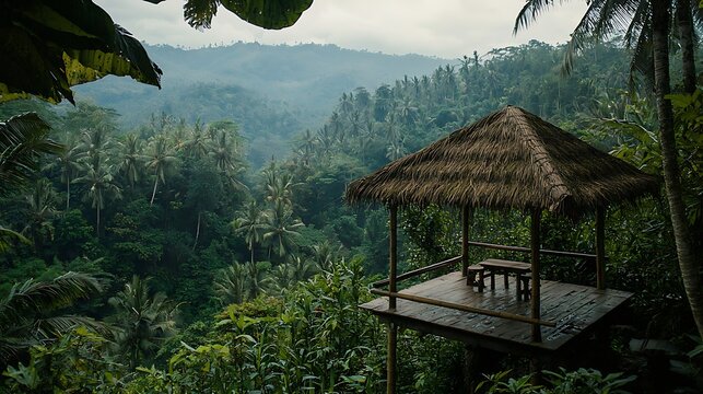 A thatched gazebo perched high above a lush valley