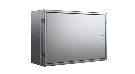 Isolated silver metal box with a door and a small handle, mounted on a white background, angled view.