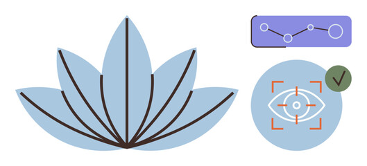 Flower petals representing mindfulness, eye in focus for tracking, and graph trend for analysis. Ideal for wellness, focus, awareness, precision, technology data meditation. Clean simple flat