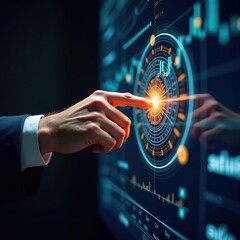 Close-Up of a Man's Hand Interacting with a Digital Touchscreen Display