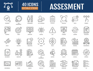 Assessment  icon set. Containing Audit,analysis, plan, evaluation, result, goal and more.Vector Illustration with Editable Strokes