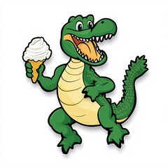 Obraz premium Happy Cartoon Crocodile Enjoying a Scoop of Ice Cream
