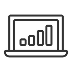 Outline style icon illustration of a laptop screen showing a bar chart for business data analysis and visualization
